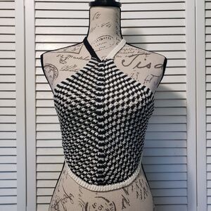 Asos Design Knit Halter‎ Top Women's Size 10 Cream Black Ties At Neck And Back